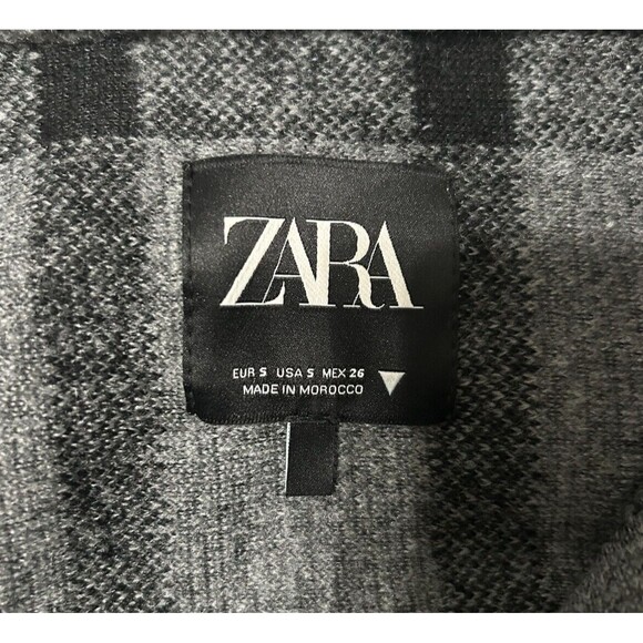 Zara Womens Wool Blend Gray Plaid Oversized Poncho Fringe Pocket Sweater Sz S - Picture 10 of 11